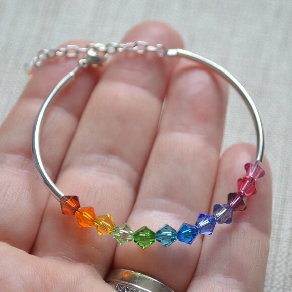 Handmade Rainbow Crystal Bracelet, Silver Plated, Bright and Colourful - Picture 6 of 7